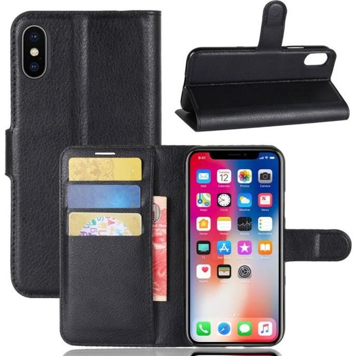 Housse étui Coque Pour iPhone X/XS 5.8 Noir Portefeuille PU Cuir Flip Case Cover