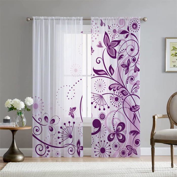 Lot De 2 Rideaux Voile Semi-Transparents Motif Floral Rose - 137 X 140 Cm - Salon Chambre Déco Légère Et Élégante