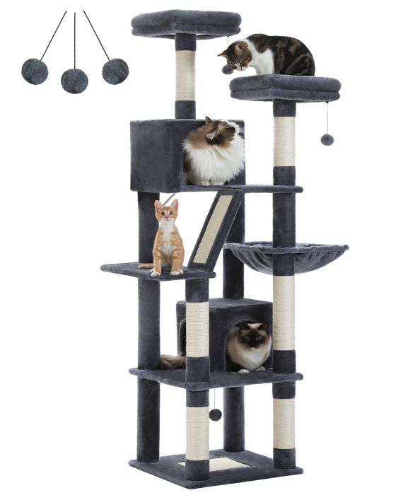 Meilleurs prix pour PAWZ Road Grand Arbre à Chat Multi-Niveaux avec 6 Poteaux à Griffer, 2 Griffoirs, 2 Niches, 2 Pompons & 1 Hamac, 180cm Gris Foncé