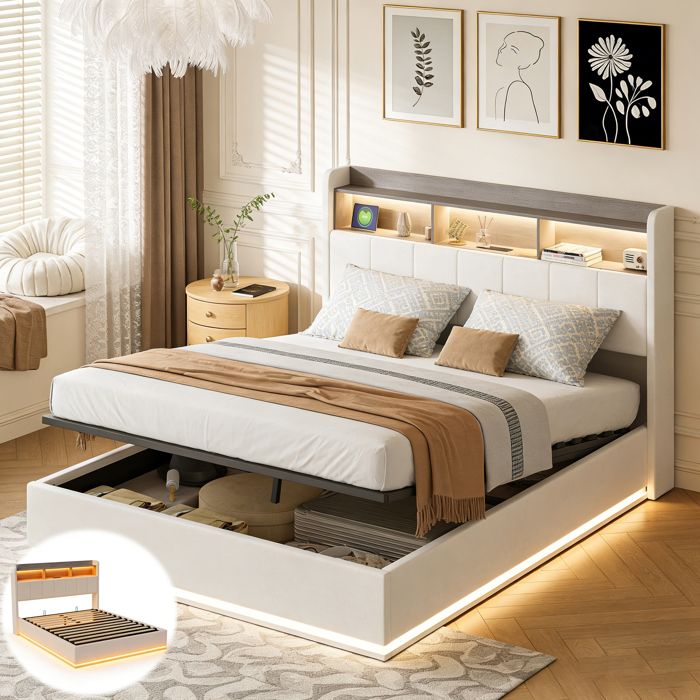 Lit coffre Lit adulte Lit d'adolescent Lit double 140 x 200 cm avec lampe de lecture - en velours - gris - matelas inclus | Leroy Merlin