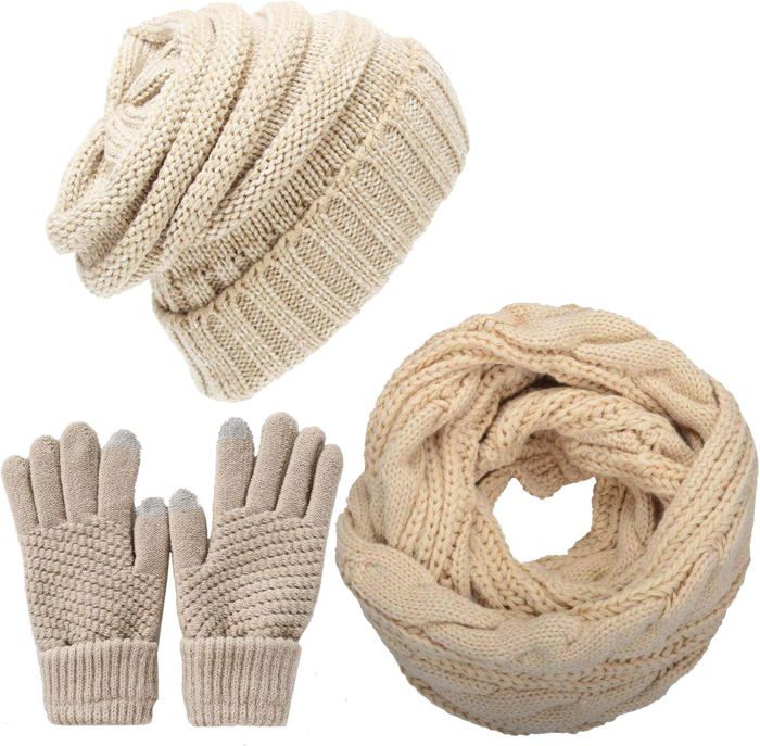 Set Hiver 4 Pièces Femme - Bonnet, écharpe, Gants Et Chaussettes - Très Chaud, Avec écran Tactile !