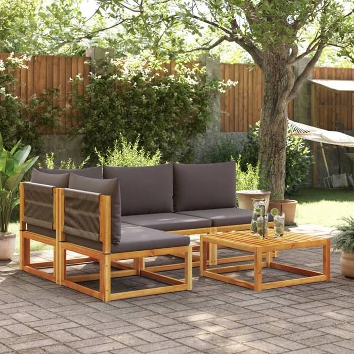 vidaXL Salon de jardin avec coussins 5 pcs Bois d'acacia solide ensemble de canapés d'extérieur canapé modulable canapé 3278849