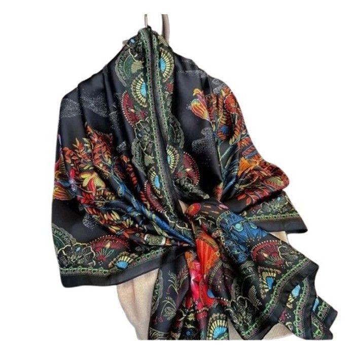 Foulard En Soie 100% Noir - 180x90 Cm, Motif Carreaux, Idéal Soirée