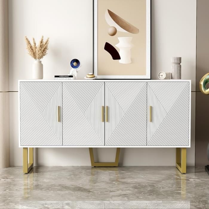 Buffet luxe 4 portes texturées brillantes poignées dorées étagères réglables en hauteur - SWEIKO - Blanc Buffet luxe 4 portes texturées brillantes poignées dorées étagères réglables en hauteur - SWEIKO - Blanc