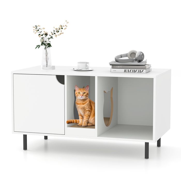 Meilleurs prix pour GOPLUS Enceinte pour Litière de Chat, Toilettes Cachées, Planche à Gratter Détachable, Pieds Métalliques, 100x52x55 CM