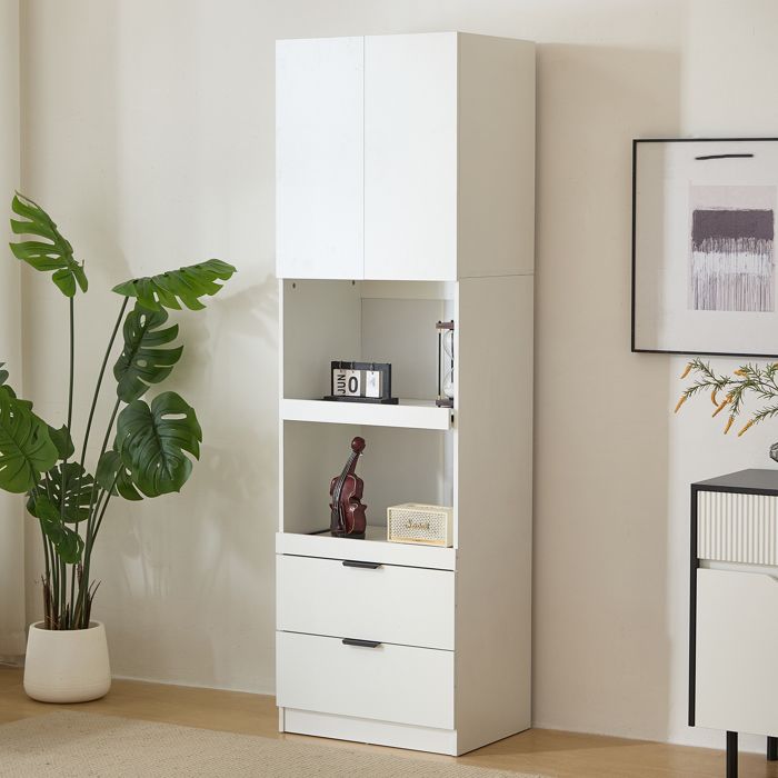 Armoire De Cuisine/Buffet Avec Éclairage LED Et Portes Coulissantes En Verre - 2 Tiroirs, Étagères Réglables - Blanc