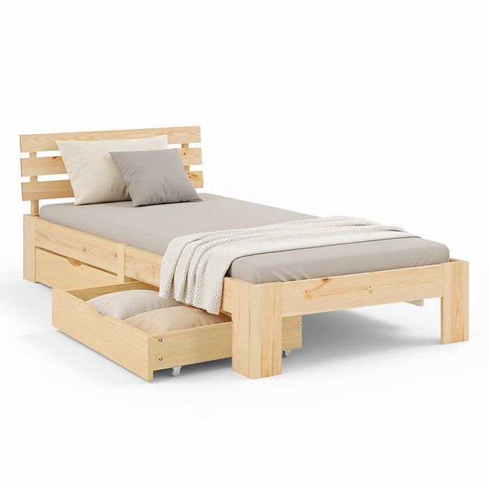 Lit en bois massif 90x200 cm avec 2 tiroirs de rangement et sommier inclus Lit en bois massif 90x200 cm avec 2 tiroirs de rangement et sommier inclus