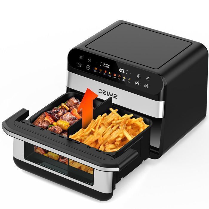 DEIME Air Fryer 5L+5L - Friteuse sans huile Capacité 10L - 8 Préprogrammes - 2400W - Séparateur amovible - Fenêtre - Noir - Deime