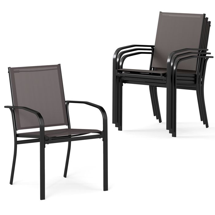 Lot de 4 Chaises de Jardin Extérieur Empilables COSTWAY Tissu Respirant Accoudoirs Dossier Cadre en Métal pour Bistro Terrasse