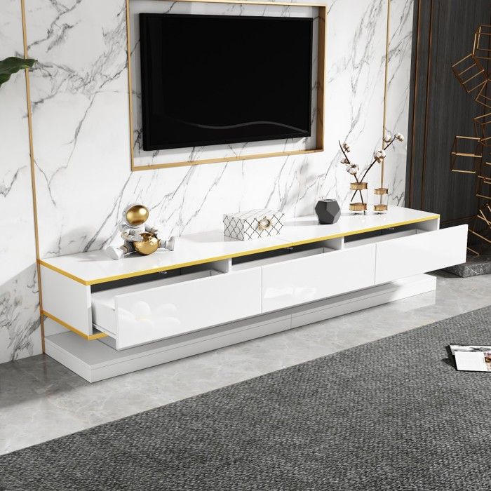 Meuble TV blanc chaud 200x40x40 cm 3 tiroirs bordure dorée - Buffet bas salon brillant grand rangement Meuble TV blanc chaud 200x40x40 cm 3 tiroirs bordure dorée - Buffet bas salon brillant grand rangement
