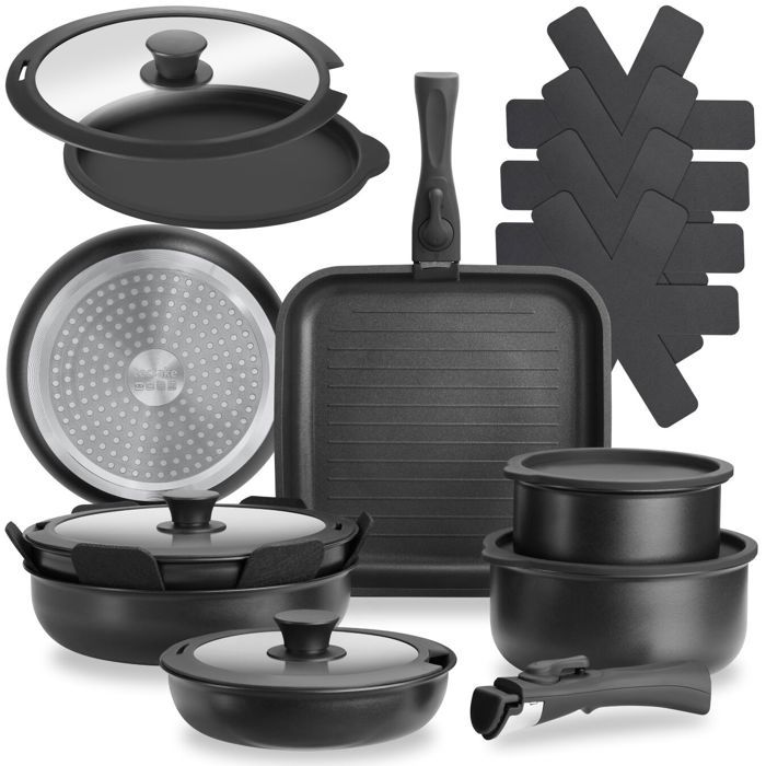 Batterie de cuisine - TECTAKE - Set de casseroles PARMA de 17 pièces adaptée à l’induction avec couvercles - Noir