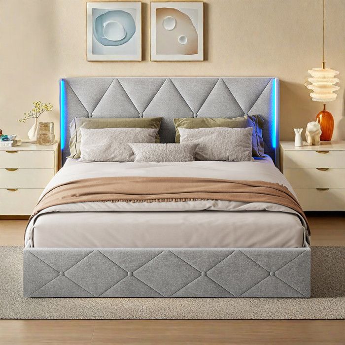 Lit 160x200 cm Lit coffre 160x200 cm Lit 2 personnes Lit capitonné double Sommier inclus Éclairage LED+Hydraulique Gris