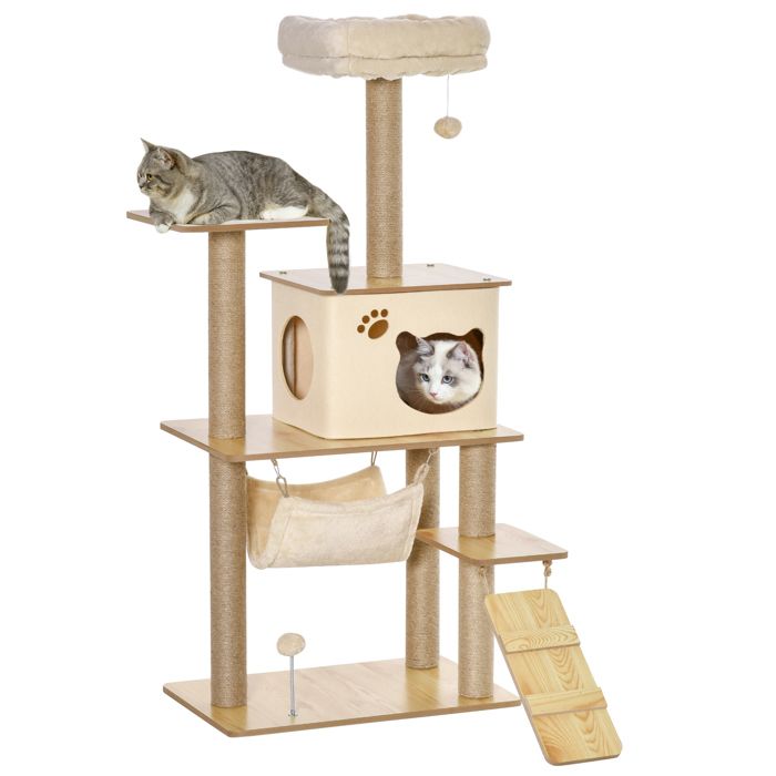 Meilleurs prix pour Arbre à chat - PawHut - 130H cm - platesformes niche lit hamac échelle et 2 balles en peluche griffoirs en jute - jaune