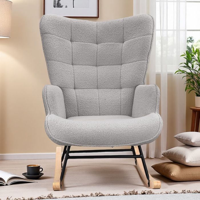 Fauteuil à bascule allaitement - Gris clair - Tissu Velours Teddy - Design contemporain - 1 place - MEUBLES