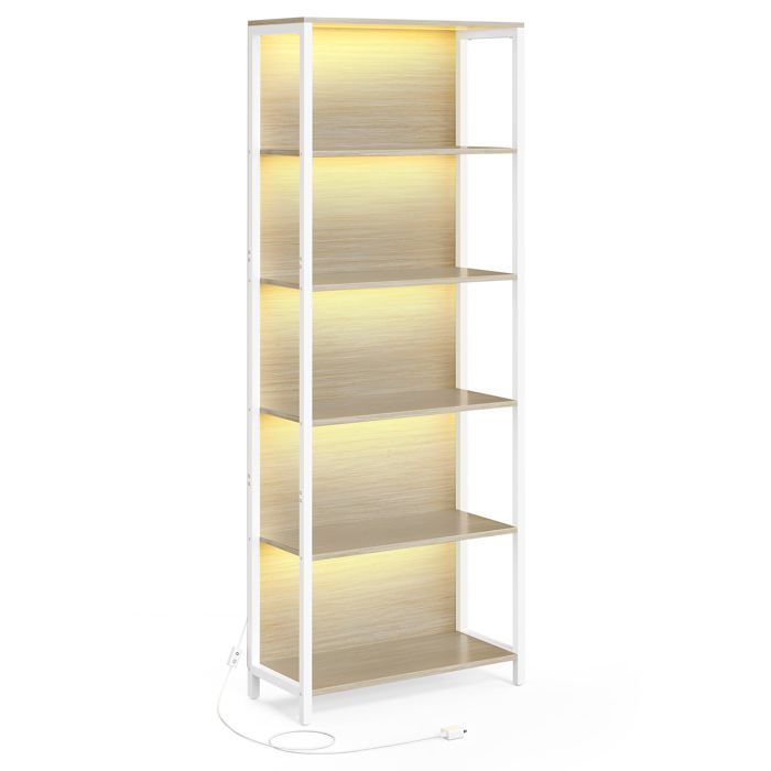 Bibliothèque LED - Beige naturel - 6 niveaux - Lumières réglables - Cadre en acier - 303 x 60 x 1786 cm