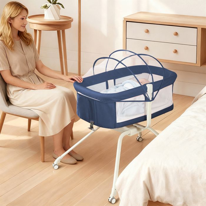 Lit bébé portable Petit format avec roulettes berceau mobile pour bébé bleu marine.