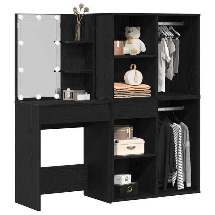 Coiffeuse LED - vidaXL - Chêne noir - 140x40x140 cm - Bandes LED - Grand espace de stockage - Miroir inclus - 9 étagères