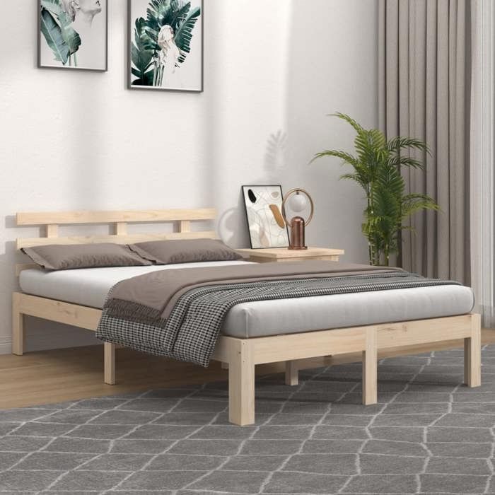 Cadre de lit en bois - Happiness - 140x190 cm - Bois de pin massif - Brun - Style classique intemporel - Montage simple Cadre de lit en bois - Happiness - 140x190 cm - Bois de pin massif - Brun - Style classique intemporel - Montage simple