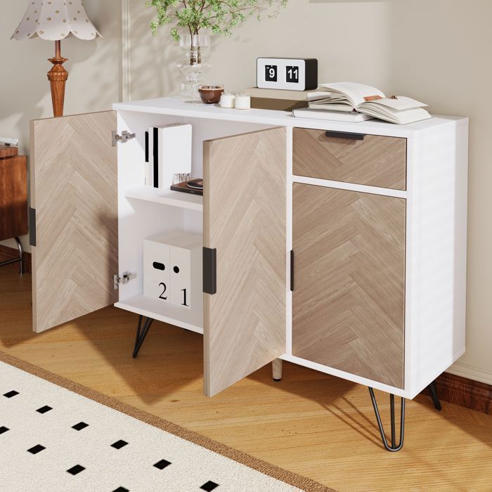 Casiers modernes buffet blanc et aspect bois avec tiroirs et étagères réglables en hauteur (90 x 30 x 71 5 cm)