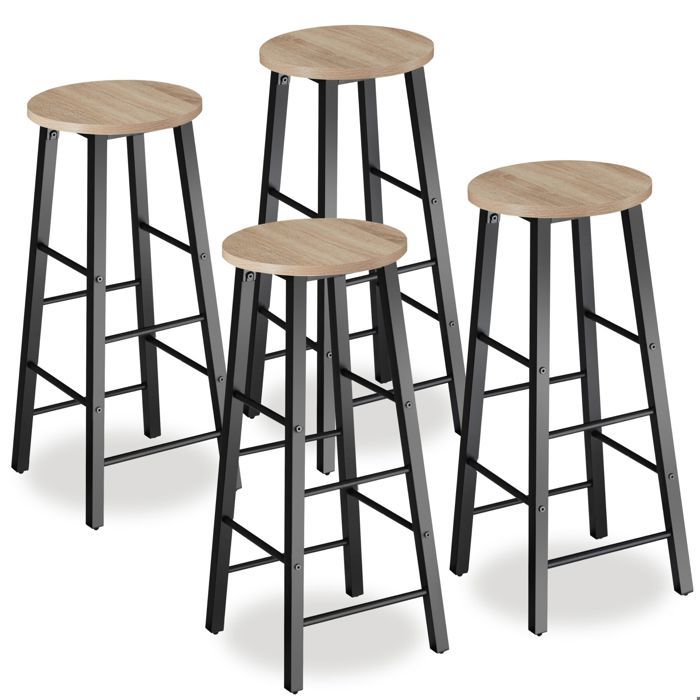 Tabouret de bar - TECTAKE - Lot de 4 tabourets de bar KEYNES style industriel en bois et acier époxy repose-pieds - Bois clair