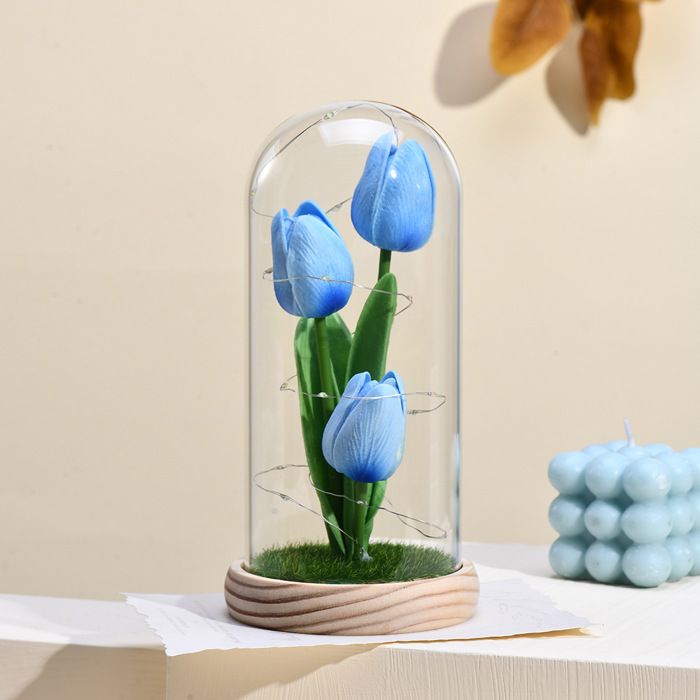 Lampe Tulipe sous Cloche en Verre Veilleuse Décorative Cadeau Fête des Mères (Bleu)