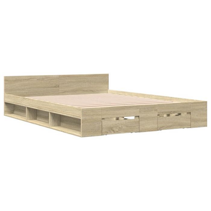 (En Promotion)Lit 2 PERSONNES 140x200cm Cadre de lit Contemporain avec tiroirs sans matelas chêne sonoma 140x200cm L902743