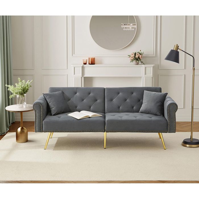 Canapé-lit 2 places - MINIMAL - Moderne - Velours gris antique - Dossier 3 positions - Pieds métalliques dorés
