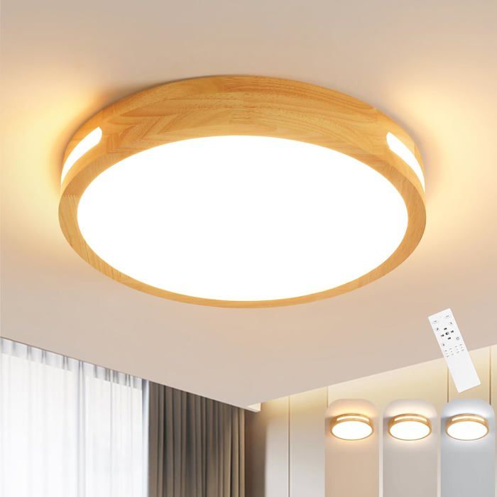 Plafonnier LED dimmable-KAL-Plafonnier LED Bois 64W Rond 40cm 3000K-6500K Dimmable Salon Chambre Salle à Manger Cuisine