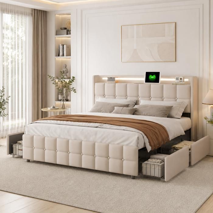 Lit Double Capitonné 180x200 avec 4 Tiroirs Lit Adulte avec LED et USB Sommier à Lattes en Bois Lit Rembourré en Lin Beige