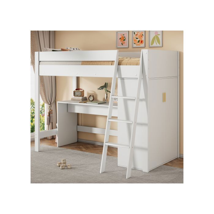 Lit mezzanine enfant 90x200 cm avec échelle avec bureau et armoire - librement combinable - bois massif - blanc