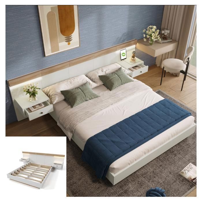 Lit double 160x200 Lit adulte tables de chevet - LED USB/Type-C Design rétro Blanc + chêne Bois