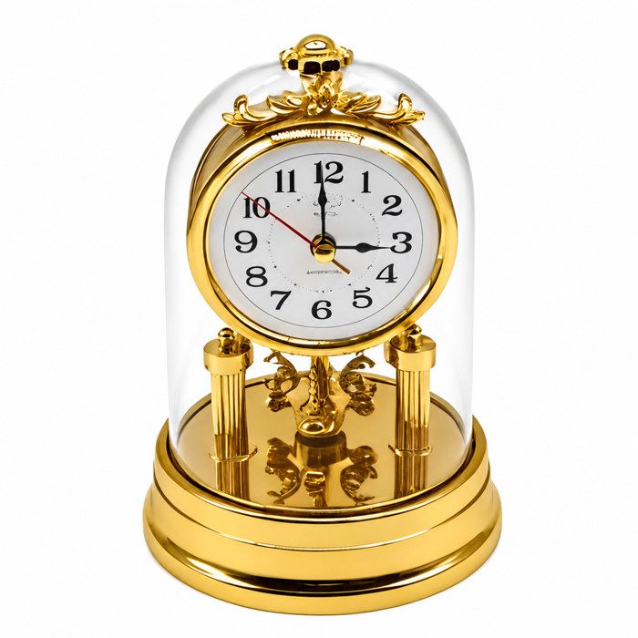 Relaxdays Horloge de table rétro analogique à piles dôme et pendule tournante 17 x 11 cm plastique dorée