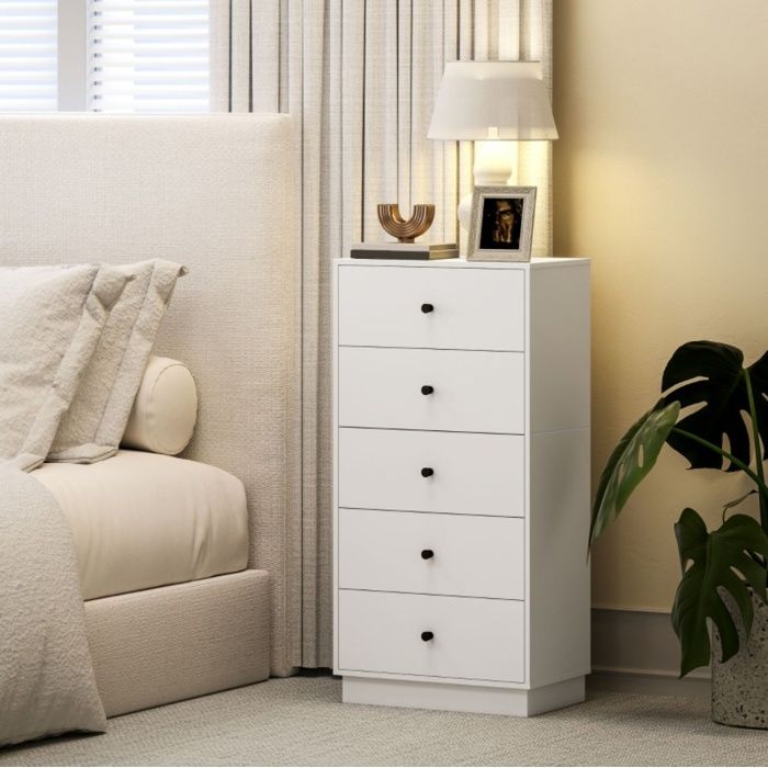 Commode Chiffonnier - 95x47x29cm - Tour de Rangement Étroite avec 5 Tiroirs Poignées Noires et Kit Anti-Basculement - Blanc