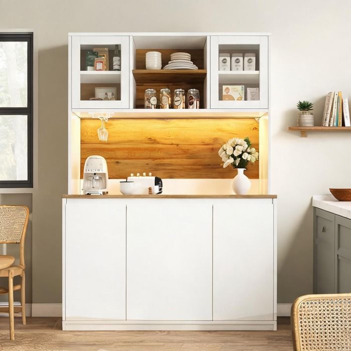 Buffet haut en MDF blanc 120x40x180 cm avec éclairage LED et portes acryliques