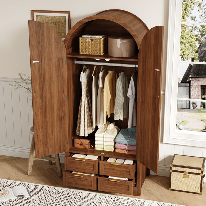 ROVRYN Armoire de chambre 80 x 50 x 179 cm 2 portes en rotin 4 tiroirs penderie et étagères noyer