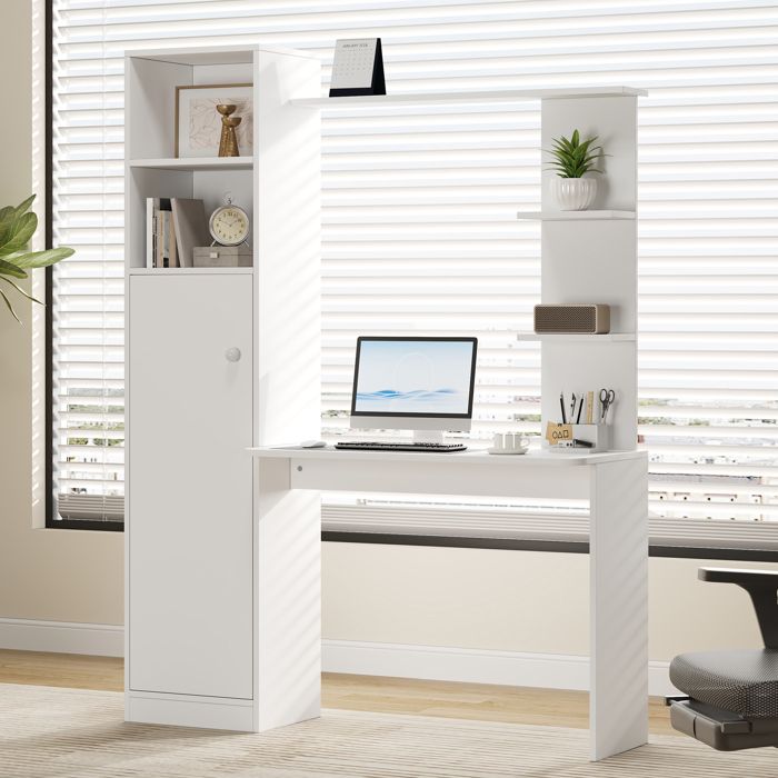Bureau moderne avec rangement - Blanc - 1235 x 45 x 1685 cm - MDF - Armoire avec porte - Étagères ouvertes