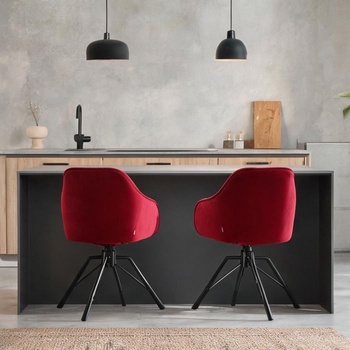 Fauteuil de salle à manger pivotant en velours rouge classique large assise structure métal noir 2 pièces