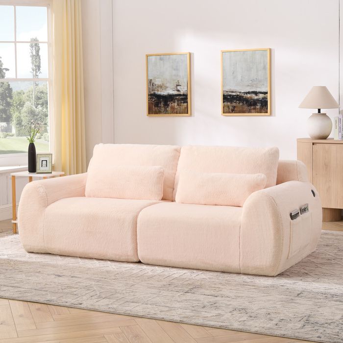 Canapé 2 places compressé rose avec ports USB poche latérale et revêtement style lapin