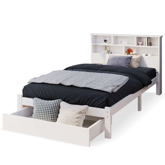 SENVIRO lit simple 90 x 200 cm blanc pin massif et MDF tête de lit bibliothèque 6 niches 1 tiroir sommier inclus