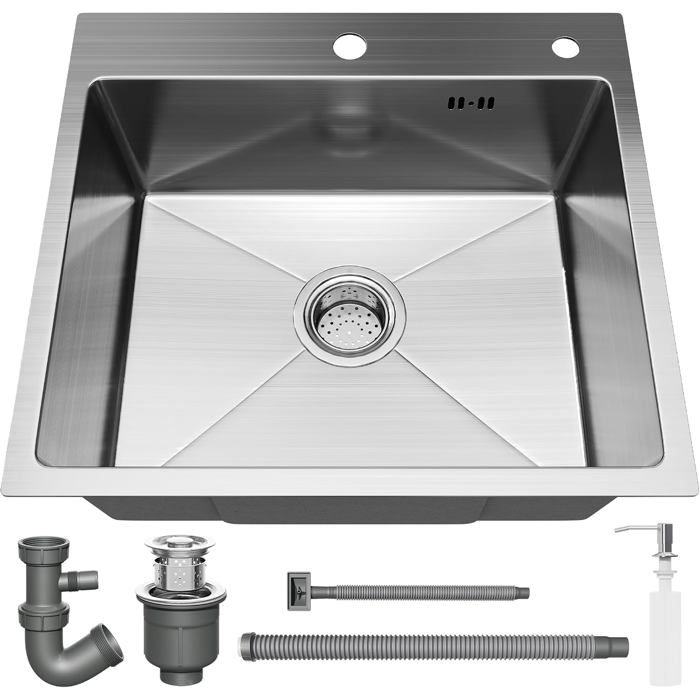 Évier cuisine 1 bac 40x45 cm inox à poser distributeur savon et kit vidange inclus angles R10 profondeur 19 cm