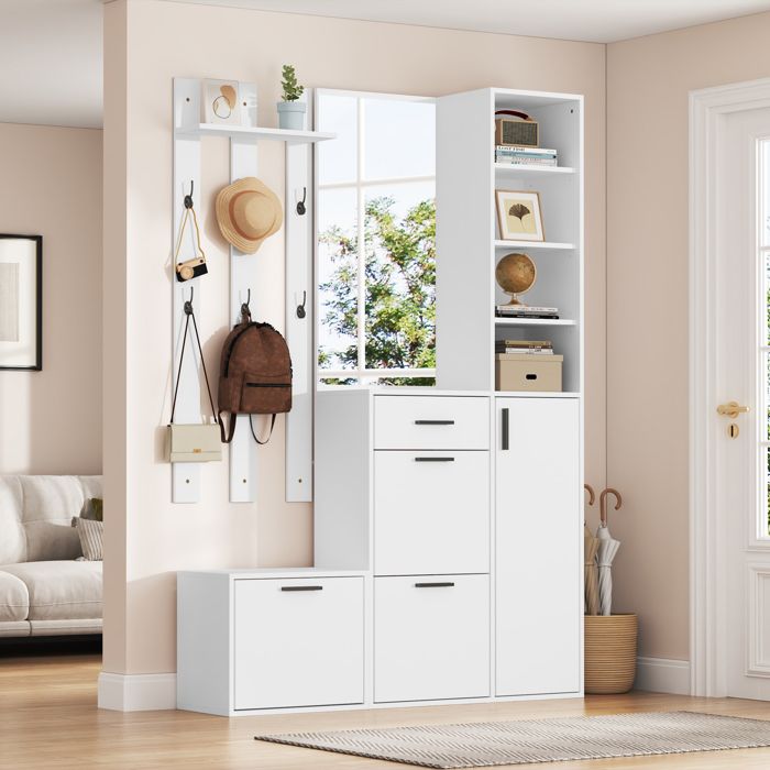 Meuble dentrée - Multifonction - Miroir intégré - 13 rangements - Banc à chaussures