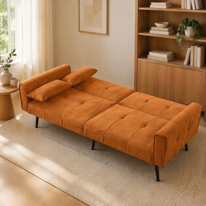 Canapé convertible 3 places pliable avec accoudoirs - BEAUNIV - futon modulable pieds en métal tissu côtelé orange