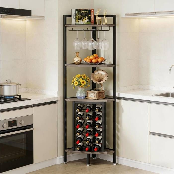Étagère d’Angle Porte-Bouteilles 4 Niveaux avec Porte-Verres et Rangement - UVRION en MDF et Métal Gris et Noir 40 × 40 × 160 cm