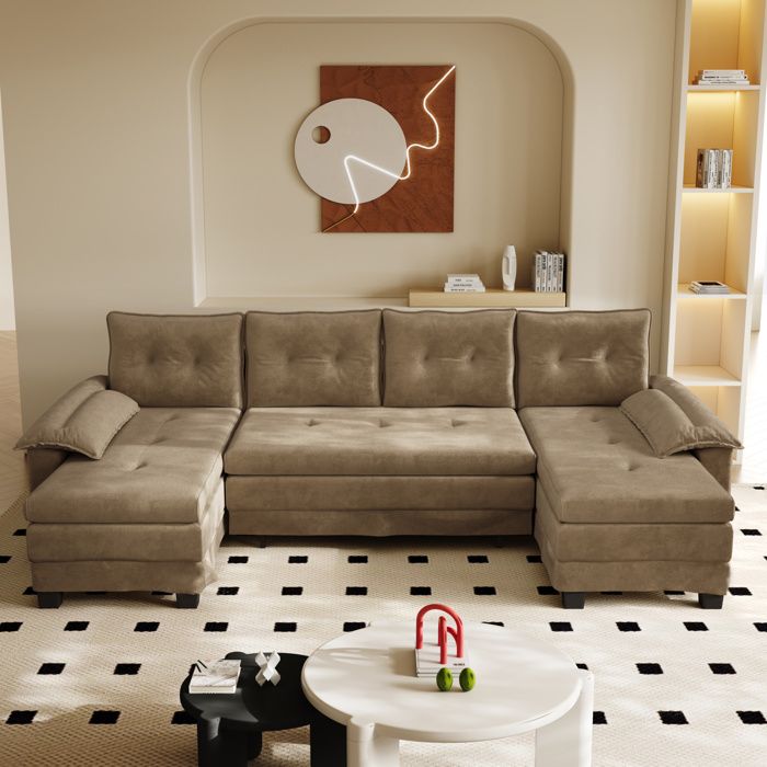 ULEVR canapé-lit modulable en U 278 cm en chenille kaki convertible avec USB accoudoirs amovibles 4 coussins