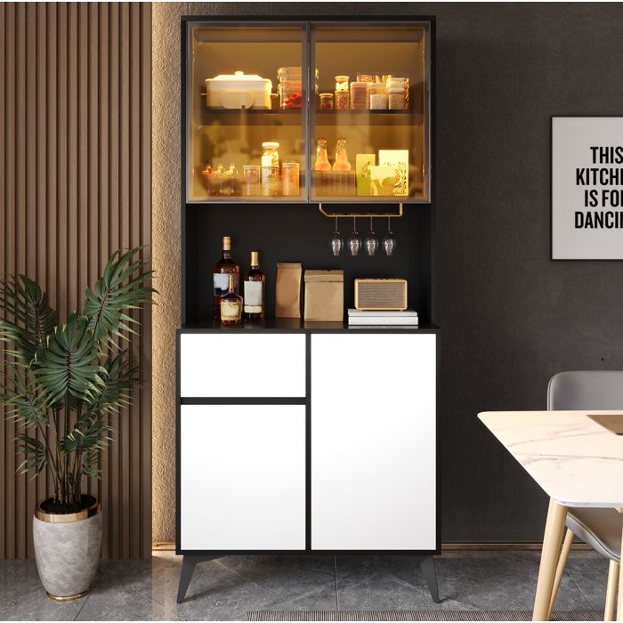 WUVRIE Buffet haut vitrine noir et blanc 80x40x180 cm 2 portes vitrées LED par application 1 tiroir