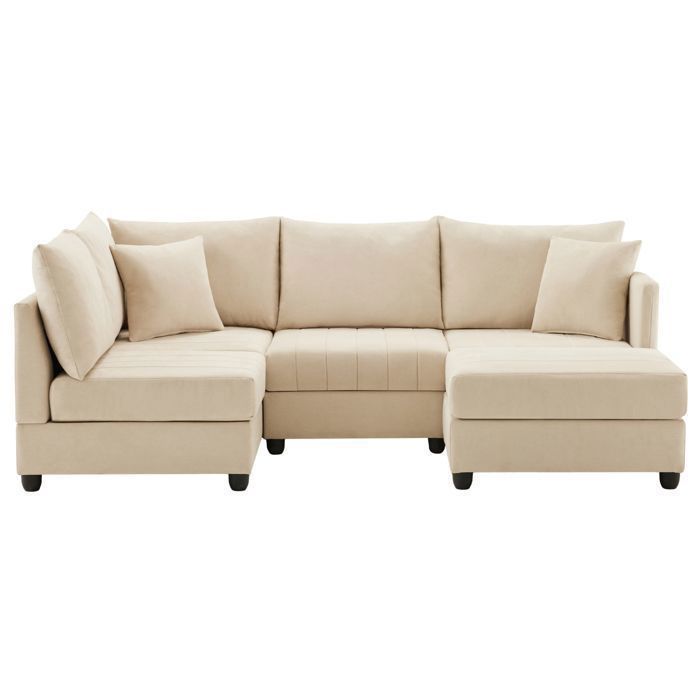 Canapé modulable d’angle 5 places - SENVIRO - 220 x 194 x 85 cm tissu coton-lin réversible entre forme L et forme U beige