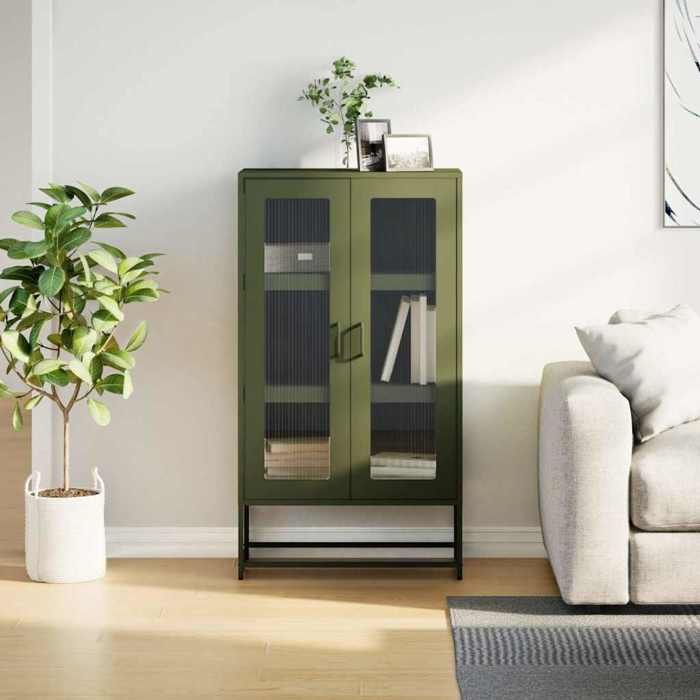Meuble Rangement - HAOSHOP - Buffet haut vert olive 68x39x123 cm acier&01_37268