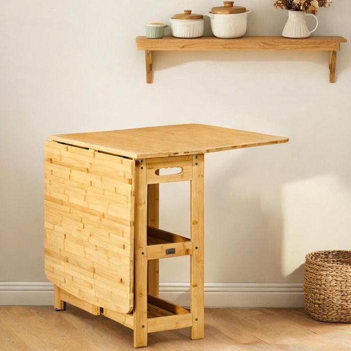 Table extensible pliante en bambou massif 2 étagères 6 personnes L 149 5 cm pieds réglables