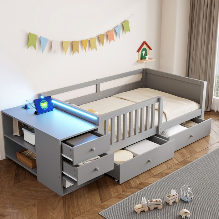 Lit enfant avec bureau 90x200 cm rangement indépendant 2 tiroirs étagères prise électrique LED barrière semi-ouverte - Gris