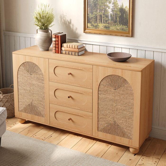 Buffet bas 2 portes 3 tiroirs 140x40x80 cm commode de salon façades en corde tressée pieds boule en pin massif MDF et aggloméré